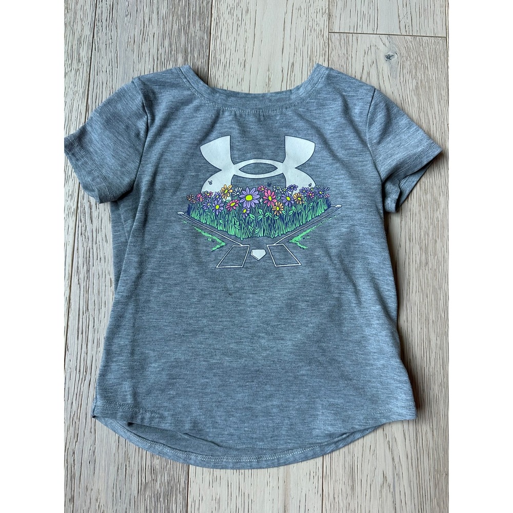 Under Armour Girls 3T Heather Gray Floral Baseball Diamond Logo Graphic T-Shirt